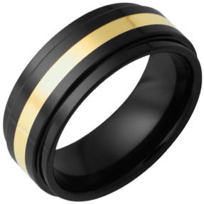 Black Diamond Ceramic Flat Band with Grooved Edges and 2mm 18k Yellow Gold Inlay